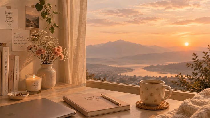 Cantinho acolhedor de leitura ao pôr do sol, com livros, flores e uma xícara